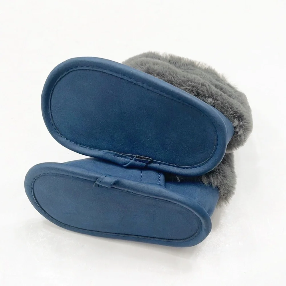 First Steps navy blue/gray faux fur baby boots